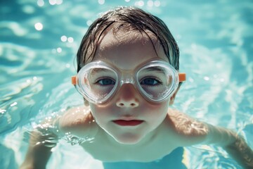 A portrait of a child wearing swimming goggles having fun in a pool on summer holiday