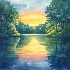 Sticker - Watercolor Sunset Landscape with River and Trees