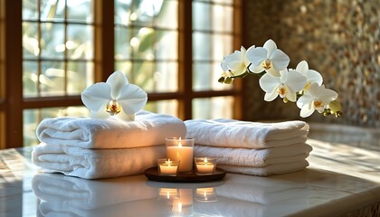 Wall Mural - Tranquil spa ambiance with white orchids, plush towels, and glowing candles on marble, illuminated by gentle sunlight streaming through a window.