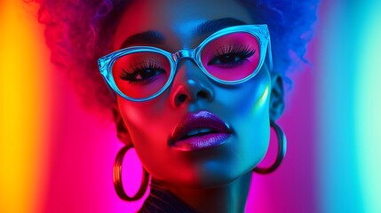 Poster - A fashionable woman is bathed in neon light, her glasses reflecting the electric energy of the moment.