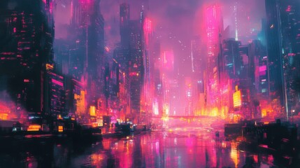 Wall Mural - Abstract digital art of a cyberpunk-themed city with a blend of neon lights and dark shadows.