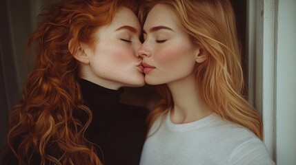 Wall Mural - Two women with red hair share an intimate kiss, while standing closely and displaying tender expressions on their faces