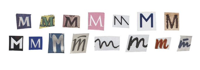 Set of isolated cut-out letter “M” from magazines on a transparent background, retro y2k style