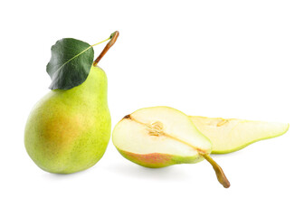 Wall Mural - Fresh ripe pears with green leaf isolated on white