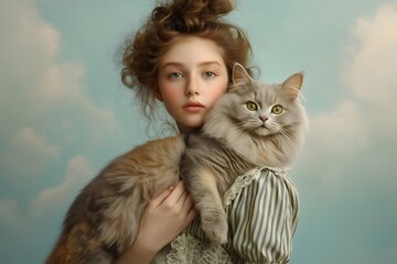 Vintage young woman holding a large grey cat. Blue sky background stripey blouse, dark hair. Preppy student.