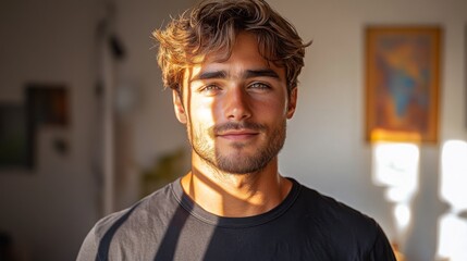 Canvas Print - Bearded man with wavy hair and a black shirt positively faces the camera with sunlight illuminating part of his face