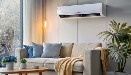 A modern, minimalist living room features a light grey sofa positioned against a white wall, beneath a mounted air conditioner.