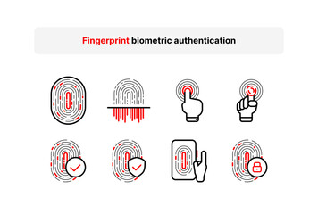 Fingerprint Biometric authentication in a black and red outline style for mobile applications, vector illustration on a white background, cyber security access to personal data