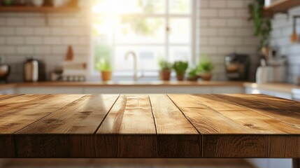 Fototapete - Empty Wooden Table with Blurred Kitchen Background for Product Display