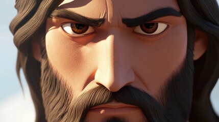 Canvas Print - A close-up 3D cartoon of Jesus Christ's face, with a look of determination and resolve, symbolizing his strength and commitment to his mission