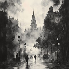 Sticker - Watercolor Painting of a City Street with Fog  Silhouettes and Lamp Posts