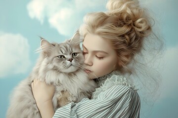 Vintage young woman holding a large grey persian cat. Blue sky background stripey blouse, blonde hair. Preppy student.