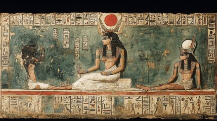 Image depicts an ancient Egyptian mural with two seated figures adorned in traditional attire, surrounded by hieroglyphics on a textured background