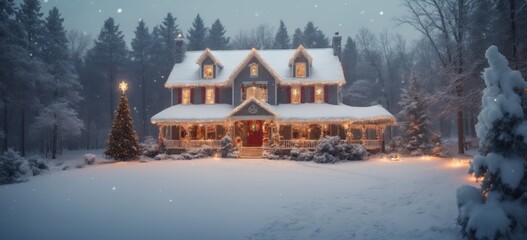 Cozy Christmas-themed two-story house in snowy forest with color