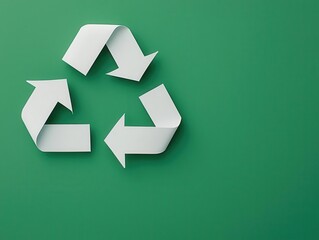 Recycle symbol composed of smooth white arrows on a green surface, minimalist eco-conscious design