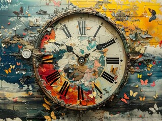 Wall Mural - An old clock with Roman numerals, surrounded by colorful butterflies and a peeling background.