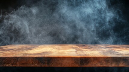 Poster - Empty Wooden Table with Rising Smoke on Dark Background