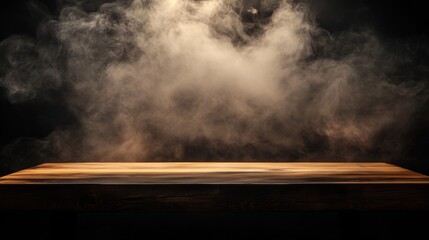 Poster - Empty Wooden Table with Rising Smoke on Dark Background
