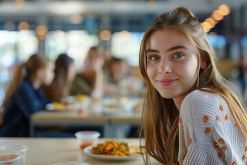 Young woman smiling in a vibrant cafe with blurred background of friends at lunch