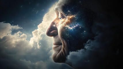 An elderly face dissolving into night sky, surrounded by clouds and stars, evokes sense of wonder and tranquility. cosmic elements blend seamlessly, creating dreamlike atmosphere