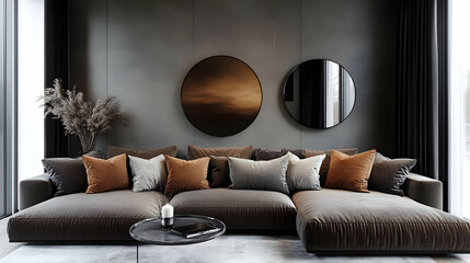 Modern living room with a plush sofa, decorative pillows, and stylish mirrors.