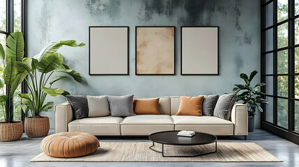 Wall Mural - Modern living room with a sofa, decorative cushions, and indoor plants.