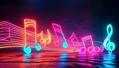 Dynamic neon music notes creating a vibrant and energetic backdrop