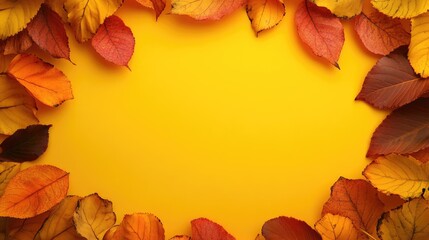 Wall Mural - Autumn leaves forming a natural border around a solid color background, evoking the warmth of fall with copy space in the center