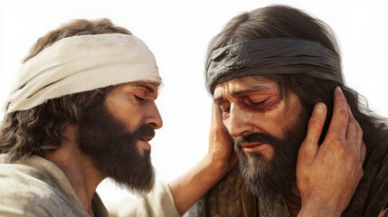 Sticker - A realistic 3D depiction of Jesus Christ healing a blind man, with detailed expressions of compassion and relief on both their faces, and lifelike textures in their clothing