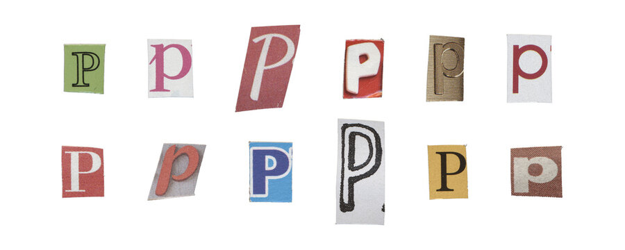 Set of isolated cut-out letter “P” from magazines on a transparent background, retro y2k style
