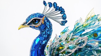 Wall Mural - Close-up of a peacock decorated with intricate jewelry and sparkling diamonds, creating an elegant and abstract design on a white background