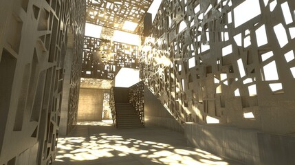 Poster - Modern Architecture with Sunlight Streaming Through Geometric Patterns.