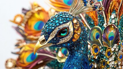 Close-up of a peacock decorated with intricate jewelry and sparkling diamonds, creating an elegant and abstract design on a white background