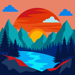 Sunrise or sunset landscape with rocky mountains, forest with trees, firs and blue water lake. Cartoon vector of orange and red sky with clouds. Summer or spring scene with hills on horizon and river.