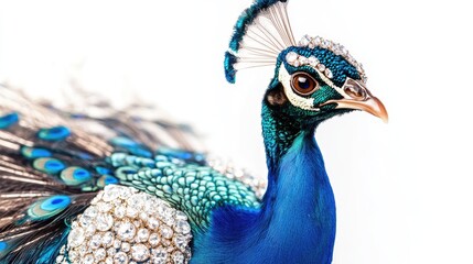 Wall Mural - Close-up of a peacock decorated with intricate jewelry and sparkling diamonds, creating an elegant and abstract design on a white background