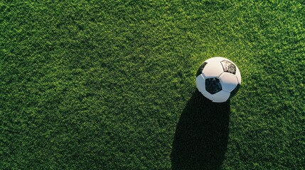 A soccer ball resting on green grass, casting a shadow.