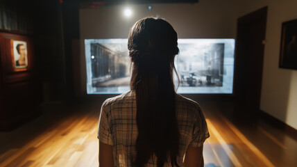 A person stands in an art gallery, captivated by projected image on wall, surrounded by framed artworks. atmosphere is serene and contemplative, inviting reflection