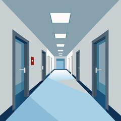 Wall Mural - Long hall interior in hospital, office or house. Mockup of empty corridor with white walls, door and ceiling lamps in perspective view, vector realistic illustration