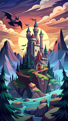 Wall Mural - Black spooky castle and flying dragon in canyon with mountains and forest. Vector cartoon fantasy illustration with medieval palace with towers, creepy beast with wings, rocks and pine trees