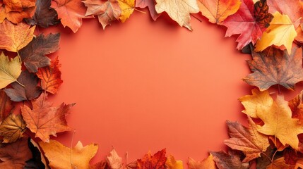 Wall Mural - Bright fall leaves framing a solid color background, creating a festive autumn scene with ample room for text