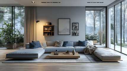 Wall Mural - Modern living room with large windows, cozy furniture, and a serene outdoor view.