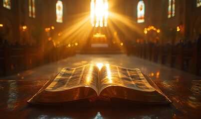 “Open Bible on Altar: Religious Symbolism in Front of a Pulpit in a Church Setting”
