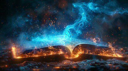 A floating, glowing book with mystical symbols rising from its pages, casting a soft blue light on a dark indigo background, filled with arcane energy.