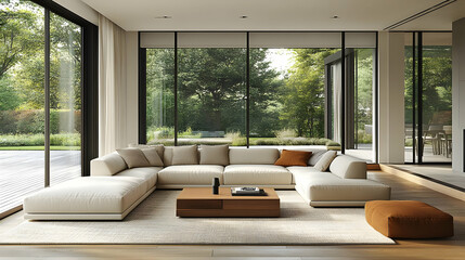 Wall Mural - Modern living room with large windows, minimalist furniture, and a serene outdoor view.