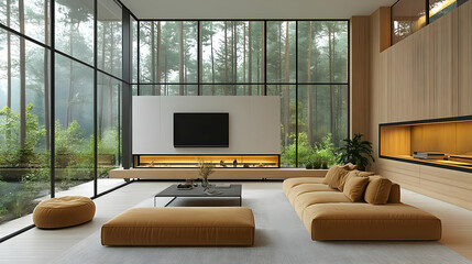 Wall Mural - Modern living room with large windows, showcasing nature and minimalist design.