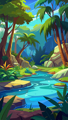 Wall Mural - Tropical jungle forest swamp or lake cartoon natural landscape. Game background with blue water pond, palm trees, rocks and sunlight falling on ground. Wild deep rainforest, vector illustration of