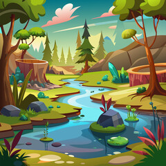 Wall Mural - Forest swamp cartoon vector game landscape scene. Fantasy lake with waste water and marsh scenery. Dirty toxic environment in park 2d wild location wallpaper. Summer adventure fairytale world