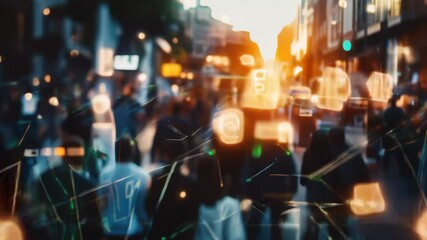 Poster - 3D animation of a crowd of people with abstract light lines connecting them into a grid