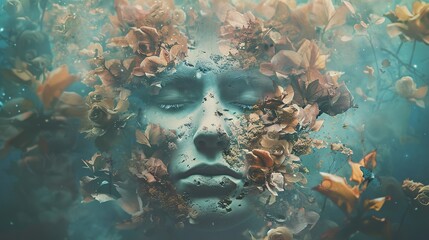 Wall Mural - A surreal image of a human face merging with flowers and leaves. The face has a serene expression, with closed eyes. The background is a hazy blue with hints of gold.