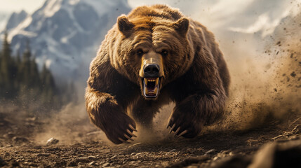 bear charging toward the camera, bear attack , angry animal